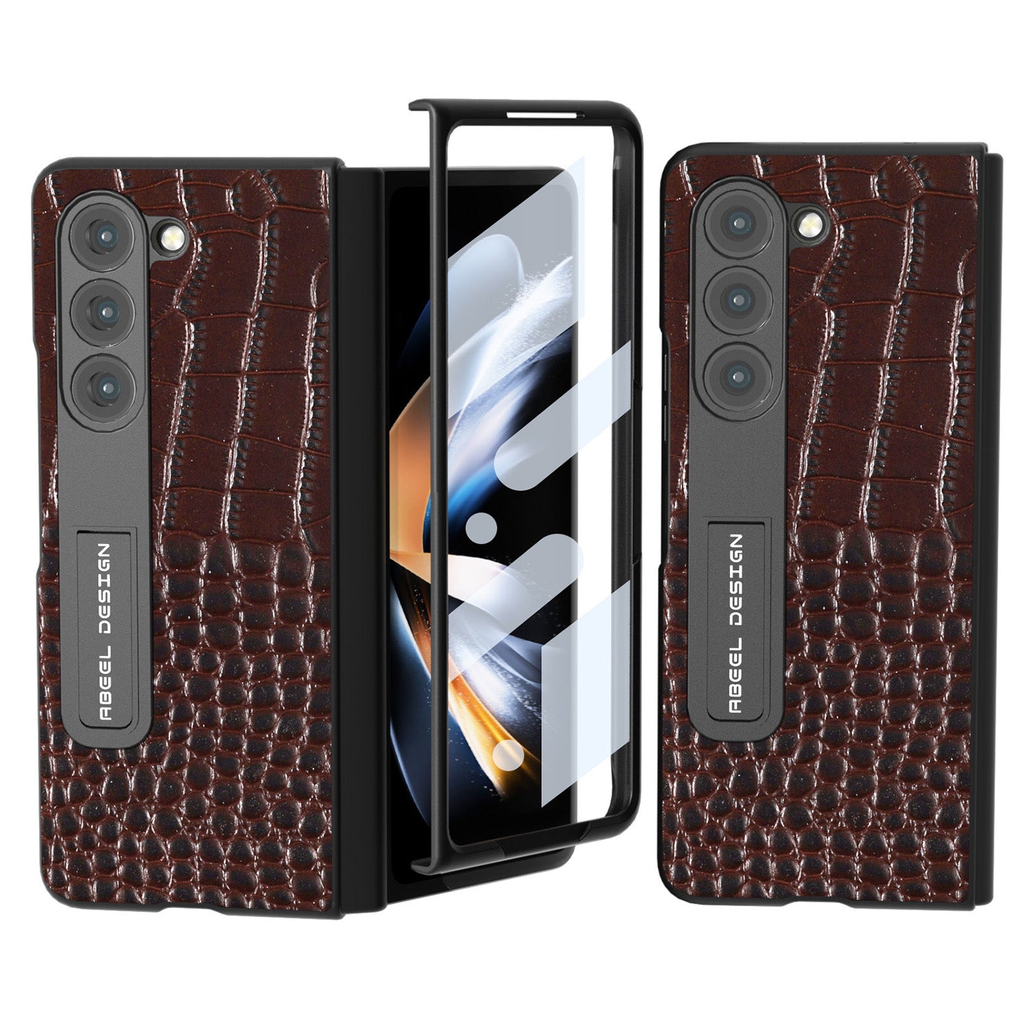 ABEEL For Samsung Galaxy Z Fold5 5G Crocodile Texture Kickstand Cover Genuine Cow Leather PC Phone Case with Tempered Glass Screen Film ABEEL For Samsung Galaxy Z Fold5 5G Crocodile Texture Kickstand Cover Genuine Cow Leather PC Phone Case with Tempered Glass Screen Film